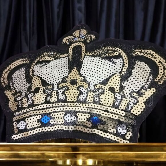 LARGE SILVER & GOLD Shiny SEQUIN CROWN EMBROIDERY PATCH - Royalty MOTIF Sequined - Picture 1 of 9
